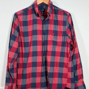 🔴 J.Crew Men's Button Up Shirt Size Small Red Navy Gingham Plaid Long Sleeve